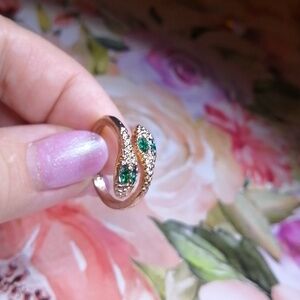Golden Tone Snakes With Green Eyes Crystals Adjustable Ring